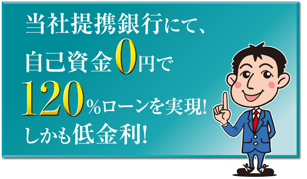 当社提携銀行にて自己資金0円で120％ローンを実現！しかも低金利！