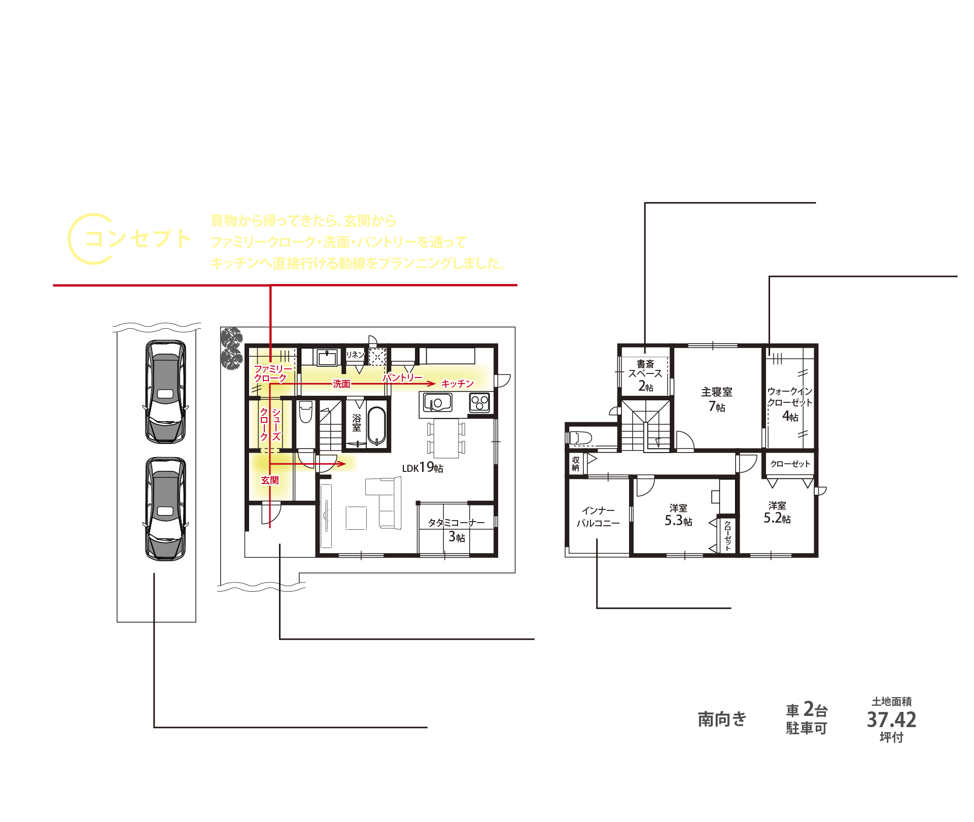 玄関からキッチンまで、生活しやすい家事動線が魅力のプラン